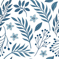 Ethnic blue seamless patterns with plant motifs. Modern abstract design for paper, covers, fabric, interior decor, and other applications.