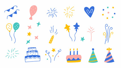 Flat colorful vector doodle icons of balloons, confetti, cakes, candles, fireworks, party hats. Vector set.