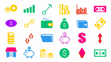 Flat vector illustration of colorful finance doodle symbols. Includes coins, graphs, wallets, piggy banks, credit cards, and arrows.