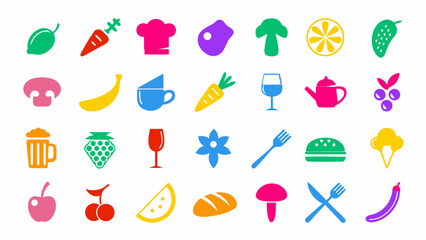 “Flat vector illustration of colorful food and beverage doodle elements. Includes burgers, pizza slices, coffee cups, donuts, fruits, ice cream, and utensils.