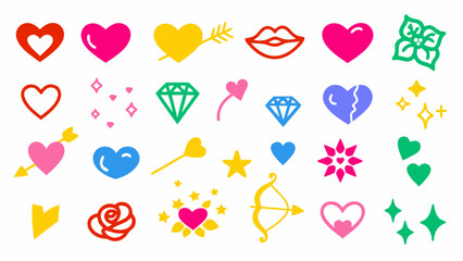 Flat vector illustration of colorful love-themed doodle icons. Includes hearts, arrows, love letters, roses, Cupid bows, and sparkles.
