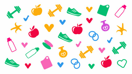 Flat vector illustration of colorful health and fitness doodle elements. Features dumbbells, yoga mats, water bottles, sneakers, apples, and heartbeat lines.