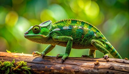 Green chameleon on a mossy branch in a blurred, vibrant, leafy forest environment