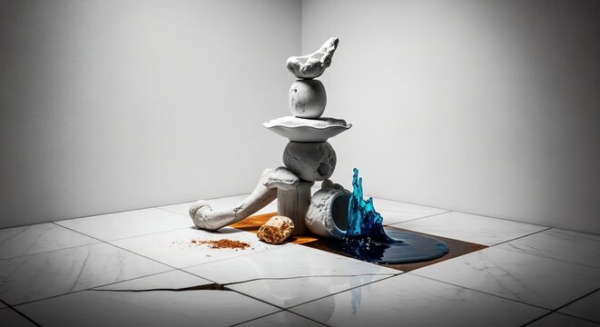 A still life of stacked objects with a splash of blue liquid on a white background