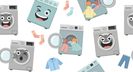 Whimsical cartoon pattern featuring washing machines with animated faces, scattered clothes, and socks against a white backdrop
