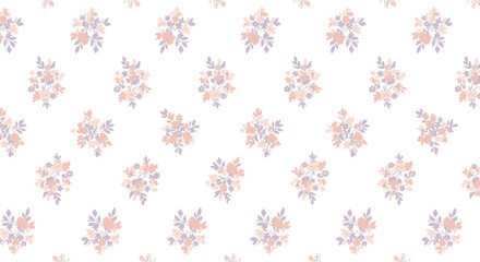 A repeating pattern featuring small floral bouquets in shades of peach and lavender scattered across a white background