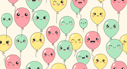 Pastel-colored, smiling balloons with various expressions float against a cream background, creating a cheerful pattern