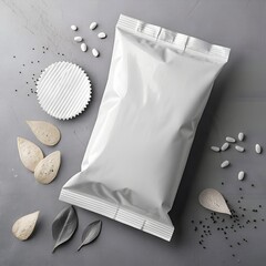 Blank Snack Packaging Mockup - Silver Foil Pouch Food Wrapper Product Branding Template Commercial Photography Rice Crackers Studio Shot Modern Design Retail Package Marketing Material Presentation