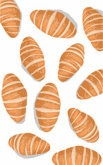 pattern of delicious bread rolls on white background. Bakery food pattern