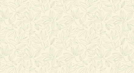 Delicate, repeating pattern of stylized leaves in light green lines against a pale yellow background. Flowing, organic design