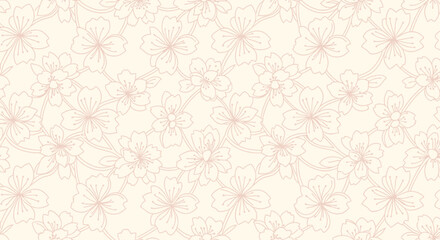 A delicate floral pattern of stylized cherry blossoms in peach hues against a creamy background © TDF CREATIVE