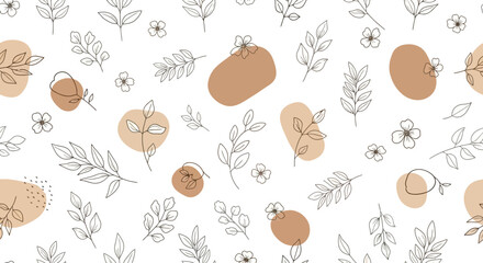 A repeating pattern featuring delicate line-drawn leaves and flowers alongside soft, irregular beige shapes on a white background