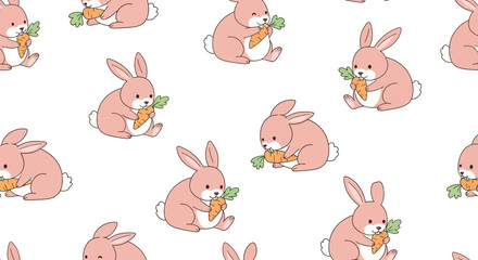 Obraz premium A repeating pattern on white, showing pink bunnies seated and eating carrots. Simple, cartoon-like design