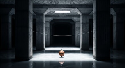 A spinning top in a dark concrete room with columns and a light at the end of the tunnel