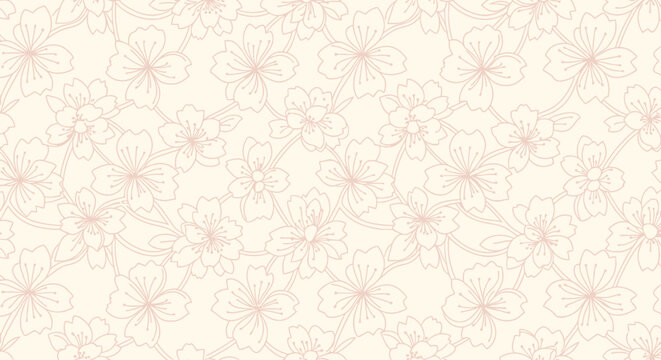 A delicate floral pattern of stylized cherry blossoms in peach hues against a creamy background