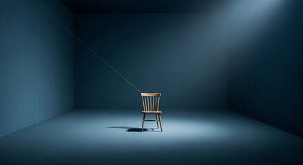 A wooden chair in an empty room with a light shining on it and a trail of smoke