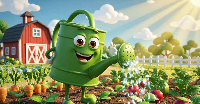 Cartoon watering can character irrigates a vegetable garden with a red barn in the background.