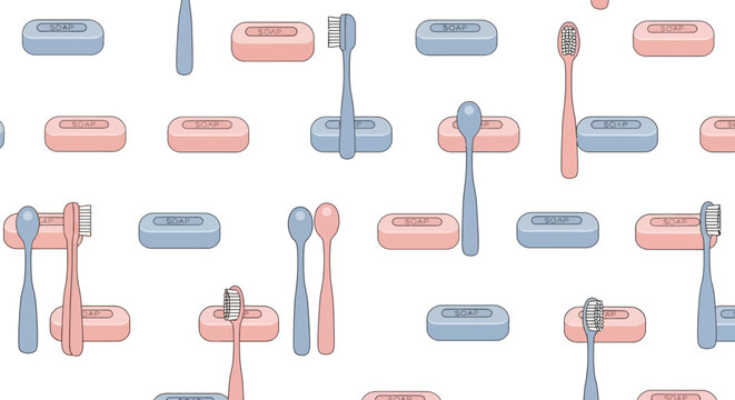 Seamless pattern with illustrated soap and toothbrush icons in varying orientations and colors on a white background