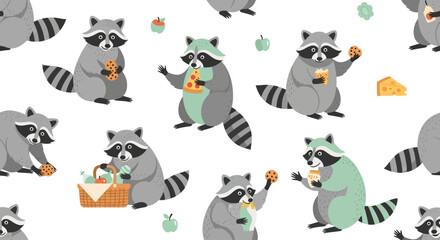 Naklejka premium Whimsical pattern featuring animated raccoons. Some hold pizza, cheese, cookies, and other picnic foods amidst apples