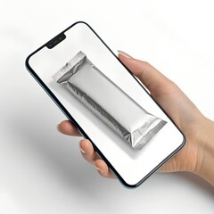 Smartphone Mockup Hand Holding Phone Mobile Screen Display Silver Foil Packaging Product Presentation Digital Interface App Showcase Modern Technology Commercial Template Marketing Material Branding