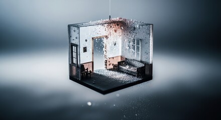Abstract cube room interior design with furniture and particles floating around it
