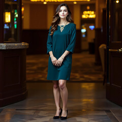 Elegant Woman Standing In A Dark Room Wearing A Green Dress