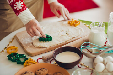 Holiday baking fun assembling dough cutouts with cookie cutters milk eggs on festive table by cozy kitchen