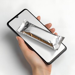 Smartphone Mockup Hand Holding Phone Mobile Screen Display Silver Foil Packaging Product Presentation Digital Interface App Showcase Modern Technology Commercial Template Marketing Material Branding