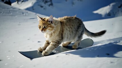 Fluffy feline gracefully snowboards down a pristine slope, showcasing agility and balance, with dynamic camera movement capturing the action flow and excitement