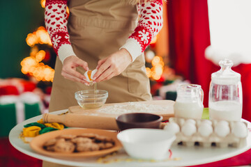 Holiday baking moment with eggs milk and dough in a cozy warm christmas kitchen as a cheerful woman prepares treats for the season
