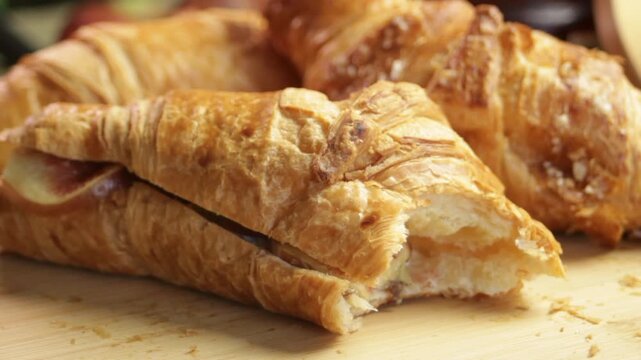 Male hands lift croissant from breakfast table, showing croissant texture and gesture. Croissant returns with bite mark. Concept of croissant as personal moment in breakfast.