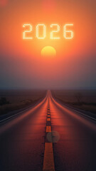 Cinematic sunrise road leading toward glowing 2026 horizon symbolizing new beginnings