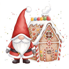 Watercolor clipart of gnome with gingerbread house, isolated on white background