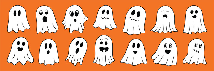 cartoon ghost characters with different faces on orange background