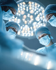 A focused group of medical professionals in surgical attire, preparing for an operation under a bright overhead surgical light.
