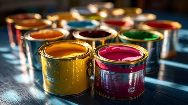 Colorful paint cans preparing for home renovation project