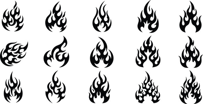 Flame icon silhouette, abstract fire vector, black flame clipart, stylized fire shapes, tattoo flame design, burning symbol illustration