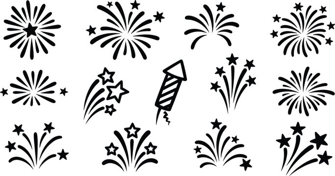 Fireworks silhouette vector, black burst icons, festive celebration symbols, holiday spark shapes, firework rocket clipart, New Year design elements