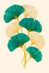 Ginkgo biloba leaves arranged on stems painted in watercolor on light background. Botanical illustration of fan shaped ginkgo leaves in green and beige tones. Asian botany
