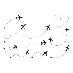 Aircraft clip art icons with way path tracks. Airplanes minimal vector illustration