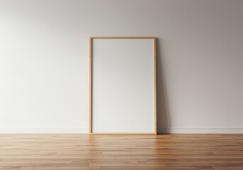 Minimalist Interior Design Featuring Blank Poster Frame Against a White Wall and Wooden Floor Promoting Creativity and Focus