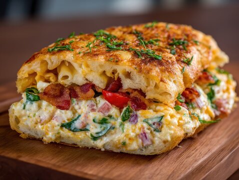 Gourmet breakfast sandwich with egg spinach bacon tomato and mac and cheese on wooden board close up studio shot