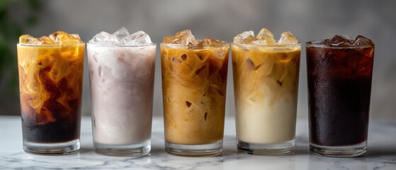 Variety of Iced Coffee Drinks Close Up Studio Shot on Marble Surface with Different Flavors and Colors for Refreshment and Summer Beverage Concept
