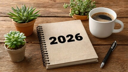 New year 2026 resolutions planning on wooden desk