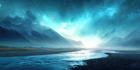 Naklejka premium Serene Mountain River Under Starry Sky 