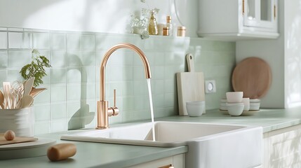 Upgrade your kitchen with this elegant rose gold faucet and sink, bringing a modern touch to your home with its sleek design and calming color palette