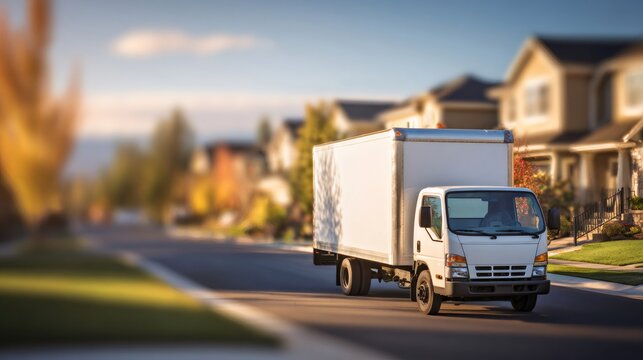 Delivery tuck driving through a suburban neighborhood street