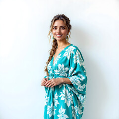 Beautiful Young Woman Wearing a Flowy Tropical Print Kaftan Dress