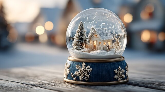 Cozy winter cottage snow globe with falling snowflakes