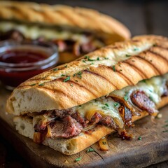 Delicious steak sandwich with melted cheese and caramelized onions on rustic wooden board close up food photography
